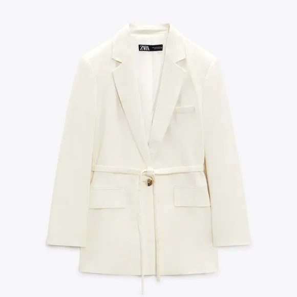 Zara Ecru Linen Blend Belted One Button Blazer - Picture 3 of 16